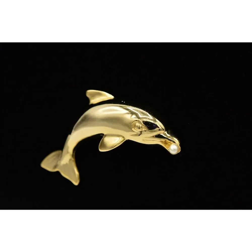 Vintage Figural Dolphin Pin Brooch Pearl Gold Tone 2.5